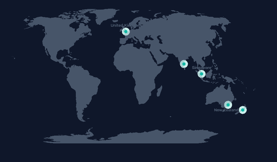 Map of Elvi office locations across New Zealand, Australia, United Kingdom, Singapore and India